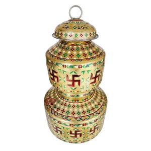Swastik Designed, Meenakari Decorated, Stainless Steel Pot Set - 2 Pots With Top Lid G.M. -